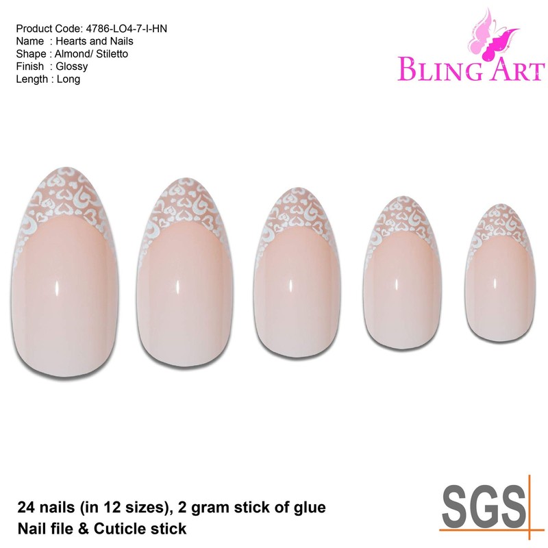 Falsche Nägel Bling Art Weiße Herzen Stilett Mandel 24 Kunstnägel