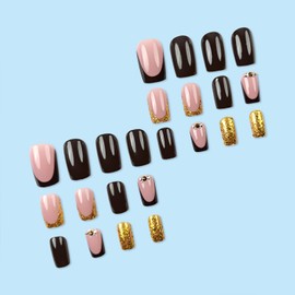 Gold Glitter Red French Tip Press on Nails Medium Square Fake Nails Glossy Acrylic False Nails with Rhinestones Design Artificial Full Cover Glue on Nails for Women DIY Manicure