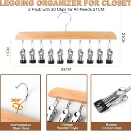 Wooden Trouser Hangers with 12 Clips, 2-Pack 360° Rotating Hook, Space-Saving Hanger for Skirts, Scarves, Hats and Socks, Non-Slip Heavy-Duty Wooden Hanger (2 Items in Vintage Colours)