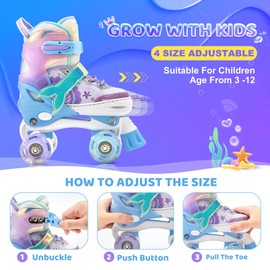 NEMONE Mermaid 4 Size Adjustable Light up Roller Skates for Girls, Blue Purple Skates for Toddlers, Beginner Kids Roller Skates Indoor Outdoor (Blue S)