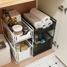 Aufbewahrungs-Organizer unter der Spüle mit ausziehbarer Schublade und ausziehbarem Korb für Küche, Badezimmer, Schlafzimmer, Weiß