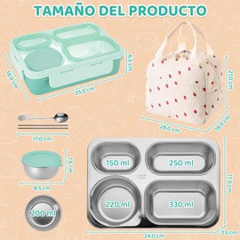 SlowTon Caja Bento, Portátil Fiambrera de Acero Inoxidable 304, 950ml Kit Completo 6 en 1 Caja de Almuerzo con Compartimentos Tazón, Palillos y Cuchara para Microondas, Perfecto para Niños Adultos