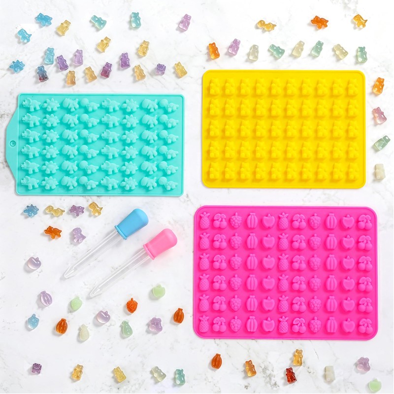 Gummy Candy Molds with 2pcs Droppers, Silicone Bear Dinosaur Fruit