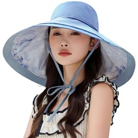 HUAMULAN Wide Brim Women Summer Sun Floppy Hat Ponytail Beach Bucket Fishing Hats Reversible Packable Outdoor UV Protection Blue