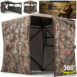 HUNTSEN 360 Degree See Through Hunting Blind with Double Open Door - Lightweight Soft Material Portable Pop Up Ground Blind - 2-3 Person Concealed Camouflage Tent with Carrying Bag for Deer & Turkey