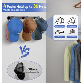 KIMBORA 4 Packs Hat Rack for Wall, Hat Organizer for Baseball Caps Holds 36 Hats, 3 Mounting Options Hat Hook Hanger, Strong Baseball Hat Holder Storage, Cap Display for Door, Room, Closet (Black)