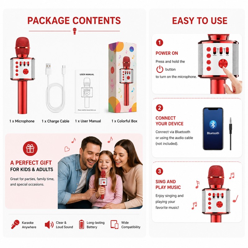 Wireless Bluetooth Karaoke Microphone with Built-In Speaker – Portable Singing