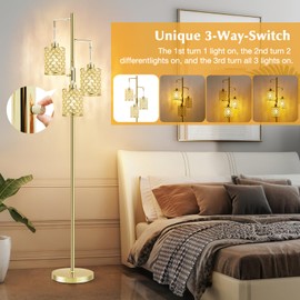 GyroVu Morden Gold Crystal Floor Lamps for Living Room, 3-Light Standing Tall Lamp with Elegant K9 Crystal Shade & Rotary Switch, Modern Corner Floor Lamp for, Bedroom, Home Office, Reading