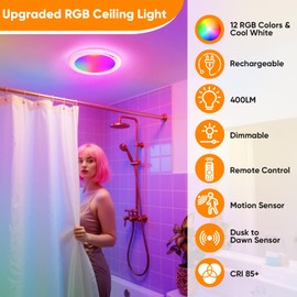 2 Pack Rechargeable Motion Sensor Ceiling Light with 12 RGB Colors and Cool White Lights, Battery Operated Ceiling Light with Remote, Magnetic Motion Sensor Lamp for Closet Pantry Hallway Porch