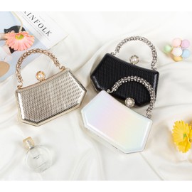 Clutch Purses for Women Small Evening Bag Nude Sparkly Glitter Purse Lattice Pattern with Chain for Bride Wedding Party White