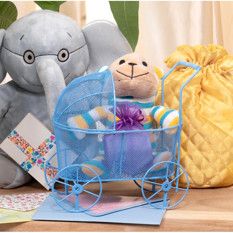 Adorable Baby Shower Centerpiece, Decorative Stroller Carriage Basket, Blue, 8-inch