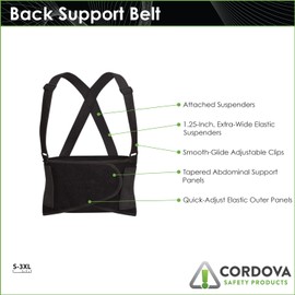 Cordova Back Support Belt with Attached Suspenders, Quick Adjust Elastic Outer Panels