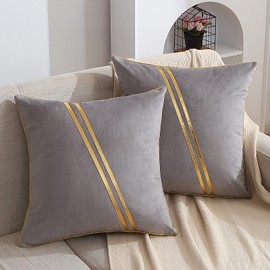 WACOMECO Pack of 2 Gold Throw Pillow Covers - Soft Decorative Luxury Velvet Cushion Covers Pillow Cases with Gold Leather for Sofa Bedroom Livingroom Car, 18 x 18 in, Grey