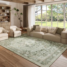 9×12 Machine Washable Rug for Living Room, Boho Vintage 9×12 Area Rug，Distressed Accent Low Pile Ultra Soft Large Carpet for Bedroom Bathroom Dining Room, Floral/Green