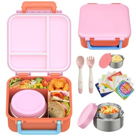 Kids Bento Lunch Box with 9oz Soup Thermo Leakproof Lunch Food Containers 4 Compartment with Insulated Hot Food Jar for Kid Toddler Girls Boys to School, Trvael