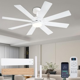 KNUN 48 Inch White Ceiling Fans with Lights and Remote/APP Control, Low Profile Ceiling Fan, 8 Blades，LED Dimmable, Reversible DC Motor, Noiseless Ceiling Fans for Bedroom Indoor/Outdoor Use