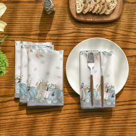 Horaldaily Fall Cloth Napkins 18 x 18 Inch, Thanksgiving Autumn Harvest Watercolor Flowers and Pumpkins Party Dinner Decoration Washable Napkins Set of 6