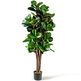HOMGX 5ft Artificial Fiddle Leaf Fig Tree, Natural Ficus Lyrata Faux Plant in Pot with Moss, Fake Fig Tree for Office & Home Decor, Housewarming Gift