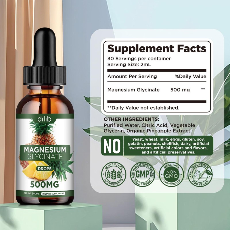 Magnesium Glycinate Supplement, Liquid Magnesium Glycinate Liquid Drops 500mg-Support Stress