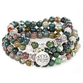 108 Bead Mala Bracelet with Lotus Charm and 6mm Small Stone Beads (Indian Agate)
