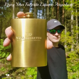 8oz Gold Flask For Liquor + Funnel + Pouch. Classy Black Satin Packaging. Proven Gift For Men or Women. Engraved Well-Deserved. Wedding, Groomsmen, Birthday