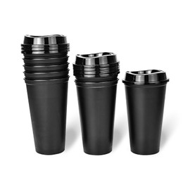 KMAKII - Tazas de café reutilizables de 12 onzas con tapas, paquete de 8 unidades, tazas de viaje para llevar, bebidas calientes o frías, aptas para lavaplatos y microondas, color negro
