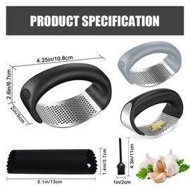 2Pcs Garlic Press Rocker, Stainless Steel Garlic Presser, Garlic Mincer, Arc Manual Ginger Garlic Masher Curved Kitchen Gadget Tool (Black+Grey) (Black+Grey)