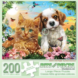Bits and Pieces - 200 Piece Large Piece Family Jigsaw Puzzle for Adults & Kids - 15" x 19" - Kitten & Puppy - 200 pc Cute Baby Animals Dog Cat Jigsaw by Adrian Chesterman