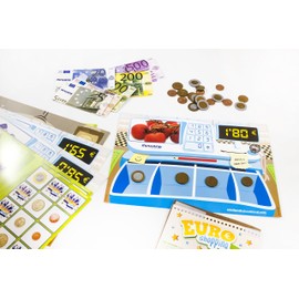 Spielgeldset Euro Shopping mit Euro-Scheinen und Münzen in Echtgröße, 14 Scheine, 24 Münzen, 18 Spielkarten, Anleitung-45308