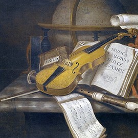 Still Life with A Violin Recorder and A Score of Music by Edwaert Collier Tile Mural Kitchen Bathroom Wall Backsplash Behind Stove Range Sink Splashback 2x2 8" Ceramic, Matte
