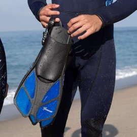 Seavenger Torpedo Swim Fins | Travel Size | Snorkeling Flippers with Mesh Bag for Women, Men and Kids (Blue, L/XL)