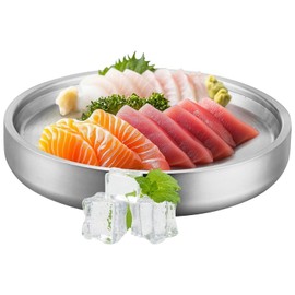 11 inch Stainless Steel Serving Tray with Ice Chamber, Cold Chilled Serving Tray Platter 304 Stainless Steel, Cooling Shrimp Cocktail Serving Dish for Food Fruit