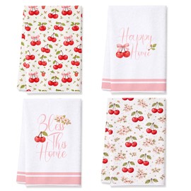 Fakindiy Cherry Kitchen Towels Set of 4,16x24 Inch Super Absorbent Microfiber Dish Towels, Cherry Hand Tea Towels with Happy Home & Bless This Home for Kitchen Farmhouse Decor