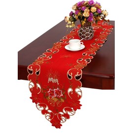 Christmas Table Runner And Scarf Embroidered Bells Candles and Poinsettia 15” X 60”