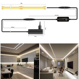 TTWAY COB LED Strip 3 m, 4000 K Natural White LED Strip with Power Supply and Remote Control, DC24 V, 480LEDs/M, CRI 90+, 8 mm Width, Dimmable LED Strips for Room Decoration