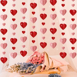 8 Pack Glitter Valentine's Day Heart Garland Decoration- 3D Red Pink Shiny Heart Hanging String Garland- Valentines Heart Paper Banner String Ornament for Wedding Engagement Anniversary Party Decor