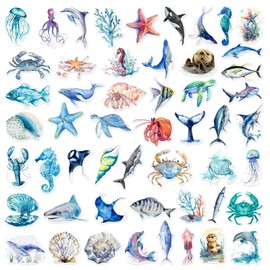 50 Pcs Ocean Stickers for Kids Teens Adults Cute Sea Creature Vinyl Stickers Waterproof Fish Turtle Stickers for Water Bottle Laptop, Ocean Party Decorations, Sea Creature Themed Stickers Pack