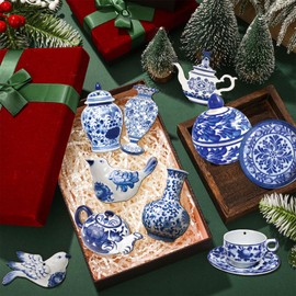 40 Pieces Christmas Chinoiserie Ornaments Blue and White Christmas Wooden Ornaments Hanging Chinoiserie Christmas Ornaments Ginger Jar Ornaments Teapot Bird Cup Ornament
