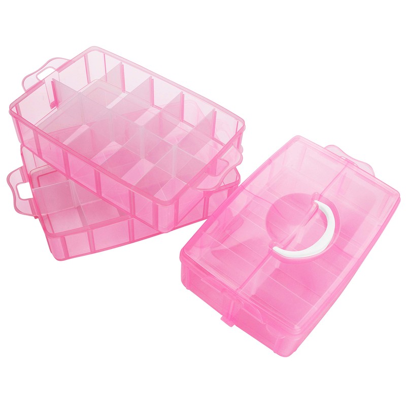 BELLE VOUS 3 Tier Pink Transparent Plastic Stackable Storage Box
