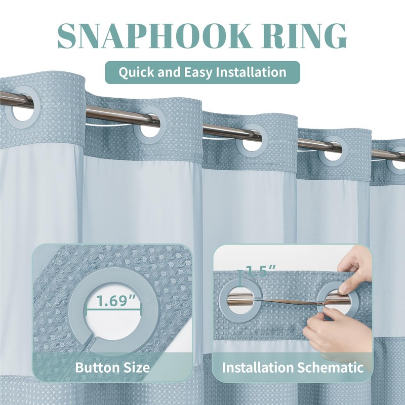 eachope Teal No Hook Waffle Weave Shower Curtain with snap-in