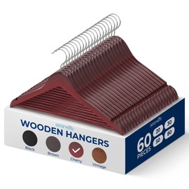 SereneLife 60-Pack Wooden Hangers Cherry Finish – Heavy Duty Suit & Clothes Hangers with Non-Slip Notches, Pants Bar, 360° Swivel Chrome Hook, 10 lb Capacity, Space Saving Closet Organization