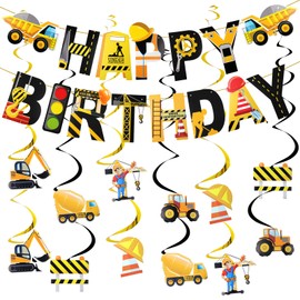 27 Pcs Construction Happy Birthday Banner Truck Theme Hanging Swirls Vehicle Truck Garland Construction Party Ceiling Streamers Decoration for Construction Theme Baby Shower Birthday Party Supplies