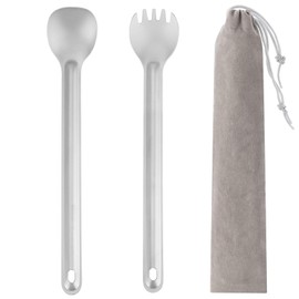 Long Handle Spork and Spoon Set - 8.58-inch Long Deep Reach Stainless Steel Eating Utensils Carry Bag Ideal for Hiking, Camping, Backpacking