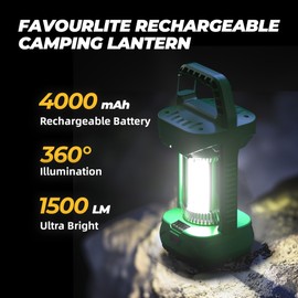 Favourlite Camping Lantern, 1500LM Camping Light 3000 Capacity Phone Charger LED Impact-Resistant Flashlight Lantern Portable Waterproof Hurricane Lanterns for Power Outages (Black+Black)
