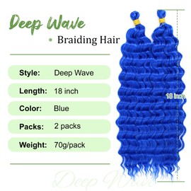 Eerya Long Curly Braiding Hair 18 Inch 2 Packs Blue Deep Ocean Wave Crochet Hair for Black Women Deep Wave Braiding Hair for Boho Braids (18 inch, blue)