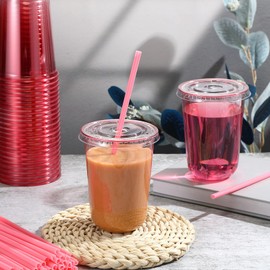 Ziliny 50 Sets Clear Plastic Cups with Heart Shaped Pink Straws and Lids, Disposable Iced Coffee Cups Drinking PET for Cold Drinks, Wedding, Bridal Shower, Baby Showers, Party(Pink,16 oz)
