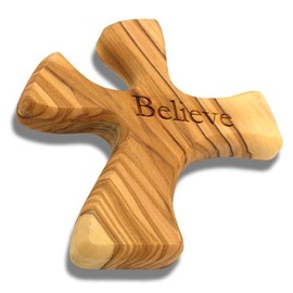 Olive Wood Prayer Cross: Hand Held Cross Made to Perfectly Fit in Your Hand (Believe)