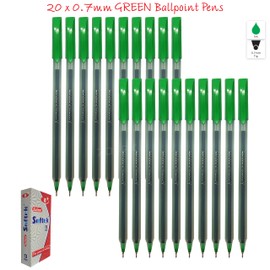 SAINO Softy Ballpoint Pens, GREEN, Fine Point (0.7mm), Pack of 20, Fine Writing Smooth Ball Pens, Perfect for School Office Home Business Shop Everyday Use