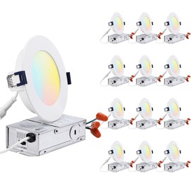TORCHSTAR 12-Pack 5CCT 4 Inch Slim LED Recessed Lighting with Junction Box, CRI 90+, 2700K3000K3500K4000K5000K, Dimmable Recessed Downlight, 700LM, ETL & Energy Star