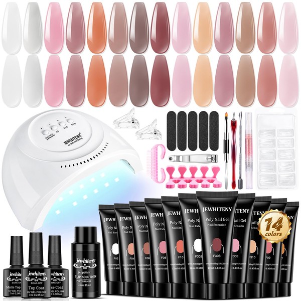 JEWHITENY Poly Extension Gel Nail Kit With 48W LED Nail Lamp 14 Colors Builder Extension Gel All-in-One French Kit Nail Art Design Beginner Kit